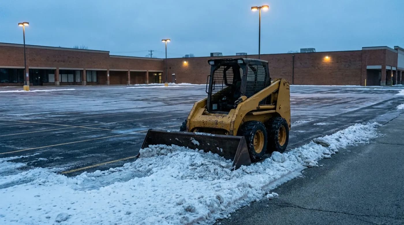A skid-steer loader clearing a commercial parking lot, the kind of property usually run on a season contract
