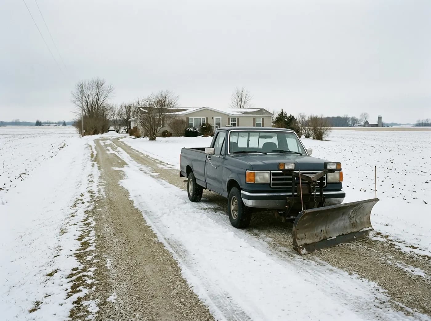 A long rural driveway near Davis Junction, Illinois being cleared by a pickup truck plow