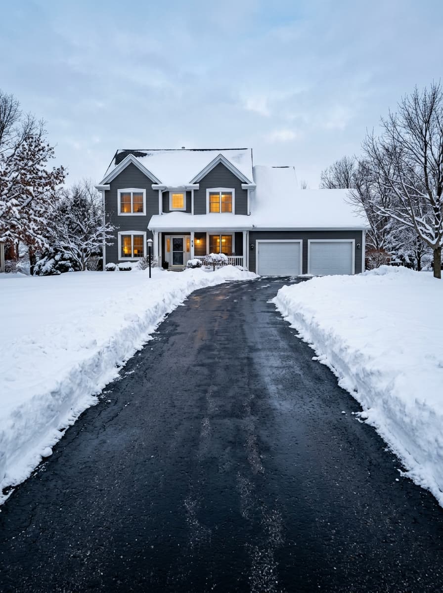 A Rockford driveway plowed clean to bare pavement after an overnight snowstorm, snow banked on both sides