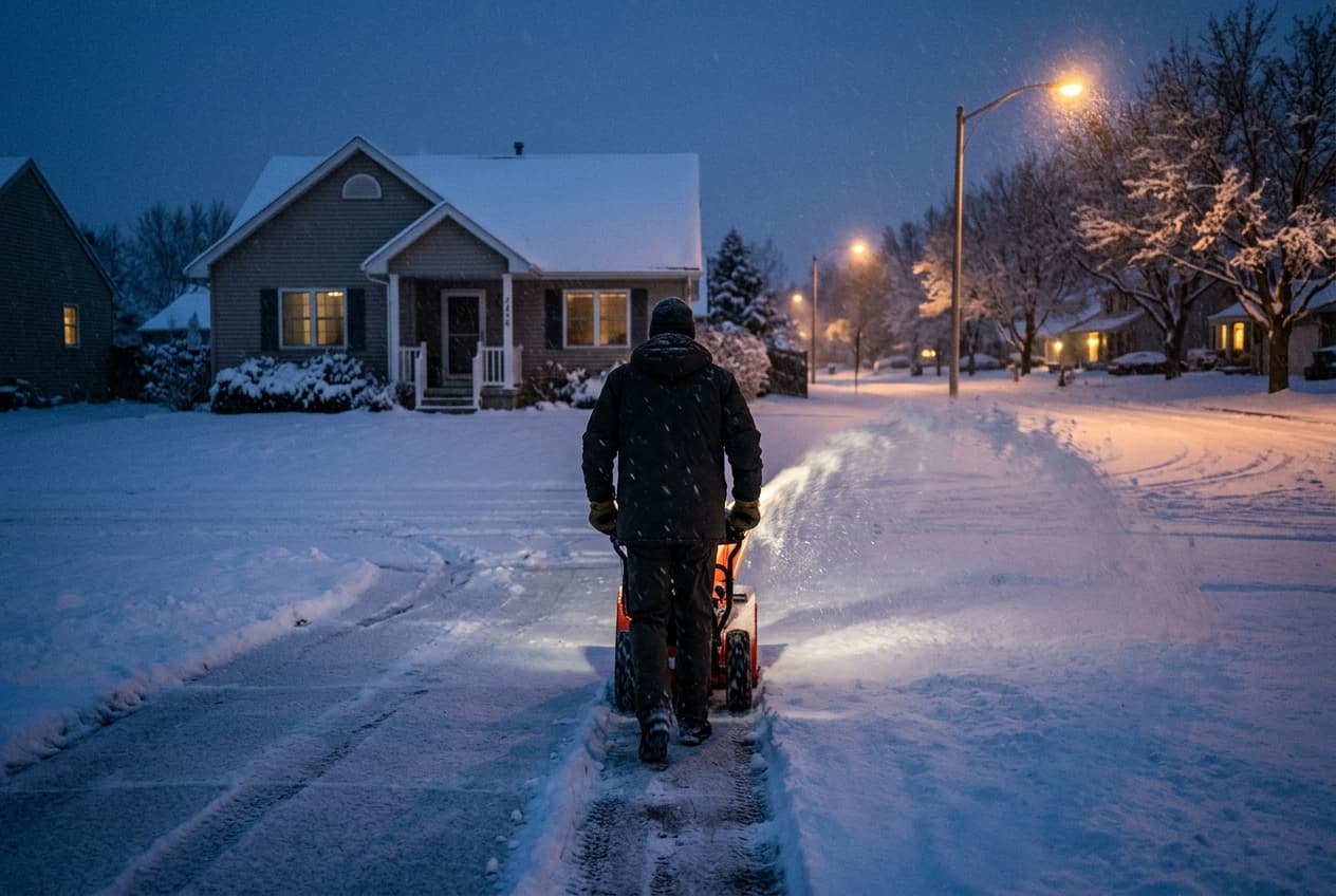 Clearing a residential driveway with a snowblower before sunrise