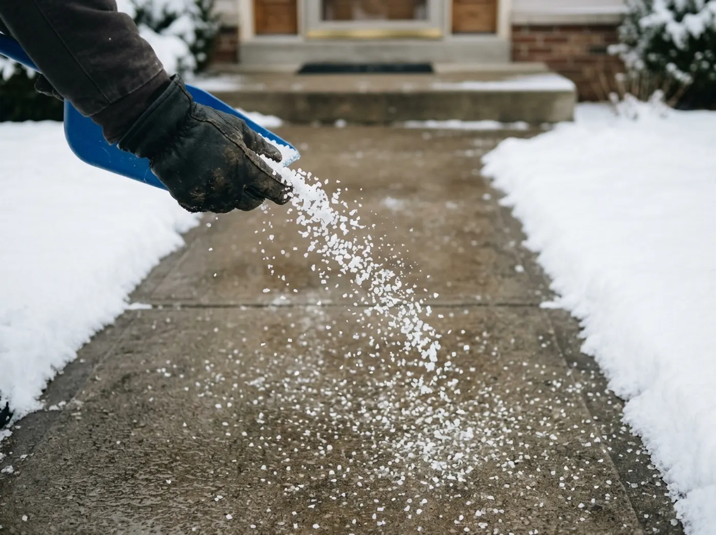 A shoveled front walkway with ice melt salt spread across it after a storm