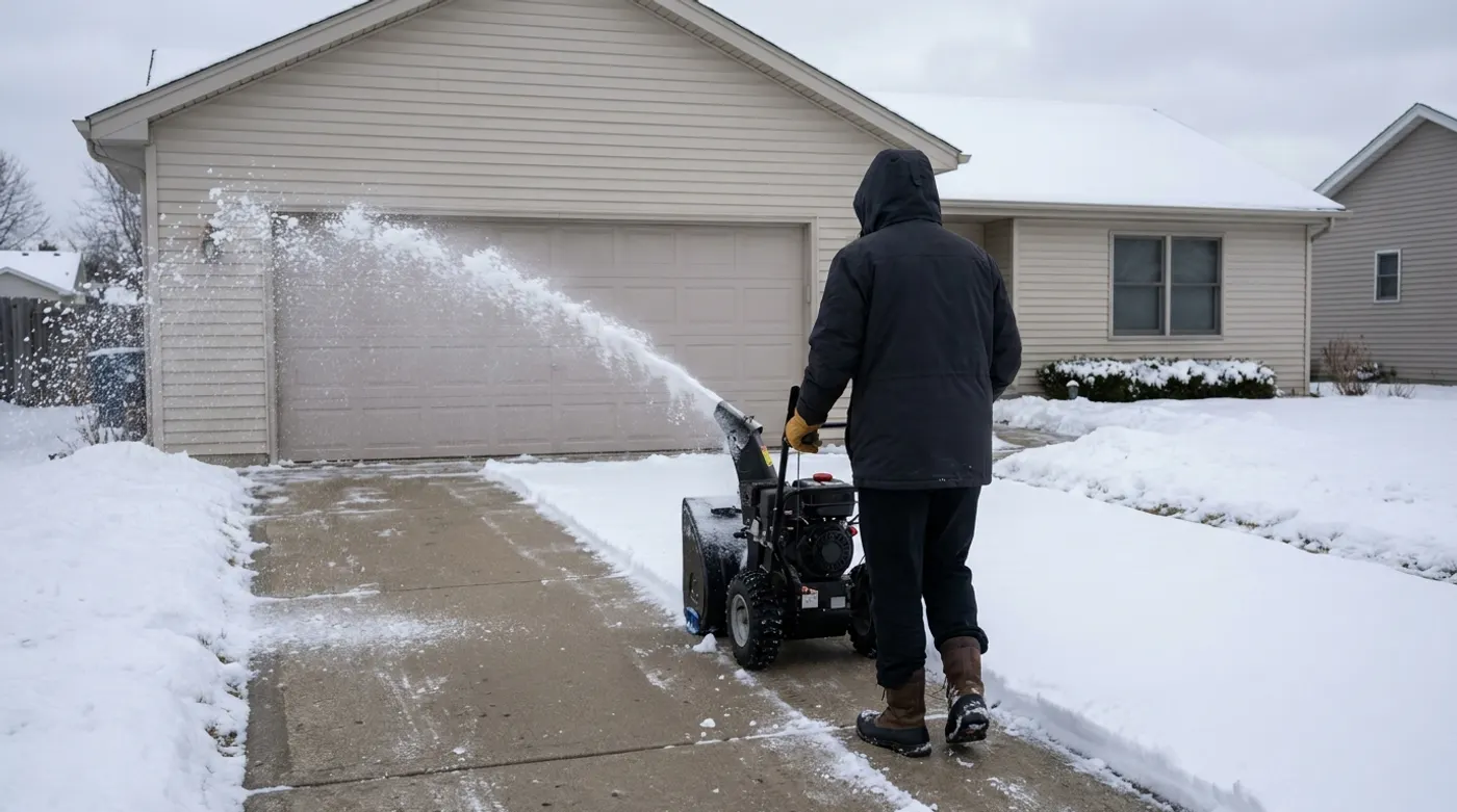 A driveway being cleared with a snowblower after an overnight snowstorm at a Rockford-area home