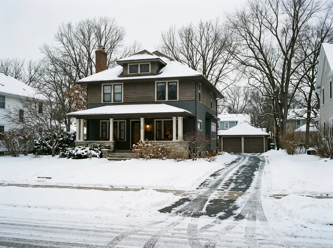An older two-story Rockford home with a narrow driveway cleared of snow
